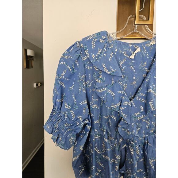 DOEN Blue Bluebell Ballad Floral Henri Top Cotton Blouse Size X-Small - Picture 6 of 16